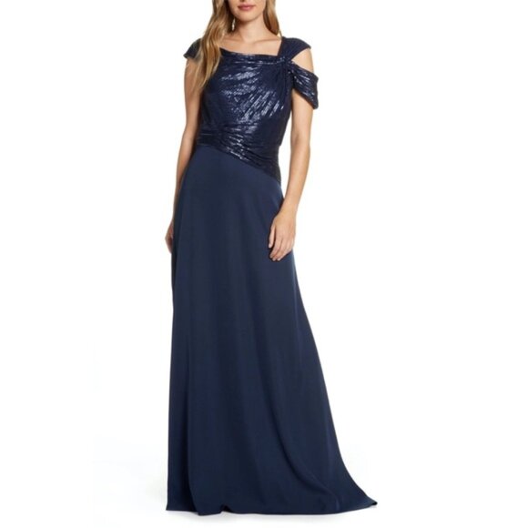 Tadashi Shoji Vesta Sequin Off Shoulder Evening Gown Dress Navy Blue Size 16 - Picture 2 of 13